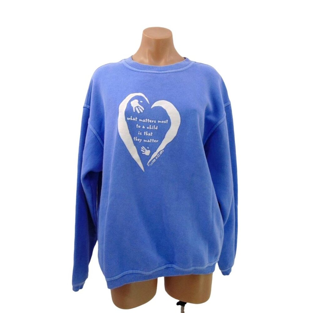 Vintage 90s Womens Blue Sweatshirt Size M Heart Graphic Teacher Children Grandma